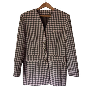 Vtg Loretta Bloom Blazer Jacket Pink/Brown Wool Blend Harlequin Pattern UK 16