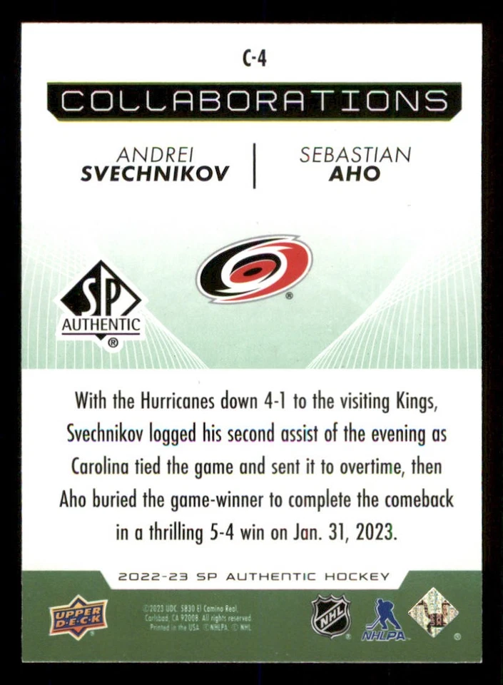 2022-23 SP Authentic Collaborations Green #C4 Andrei Svechnikov/Sebastian Aho - Image 2 of 2