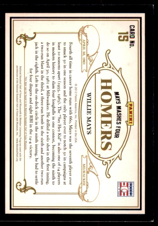 2012 Panini Cooperstown Famous Moments Willie Mays San Francisco Giants #15 - Image 2 of 2