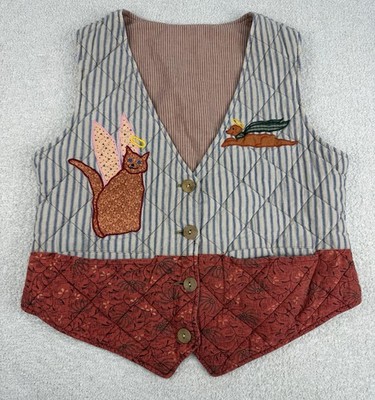 Vintage Patch Magic Quilted Vest Women s Size M Angel Cat Folk Art Cottagecore