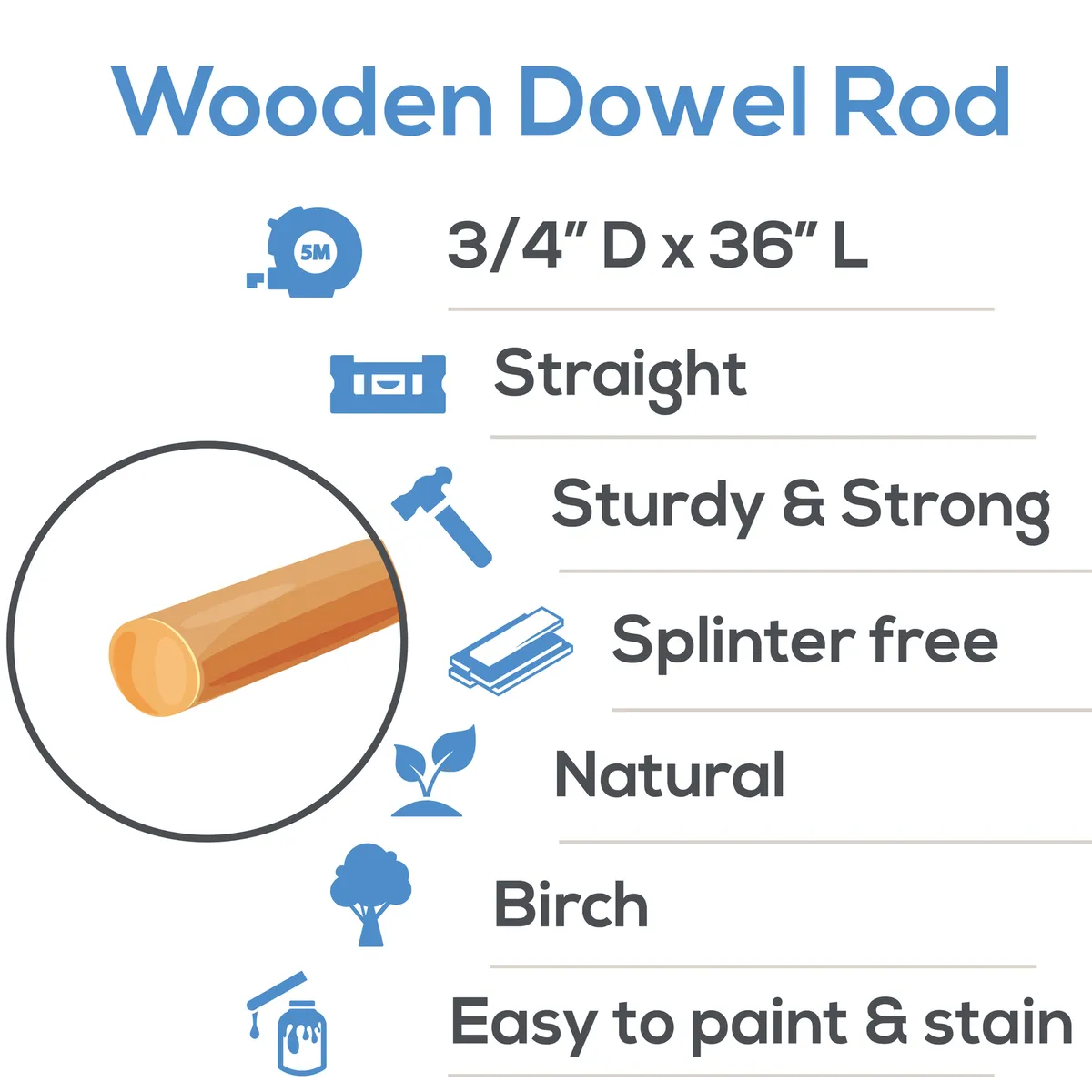 Split Wood Dowel Rods, Multiple Sizes Available, Unfinished for