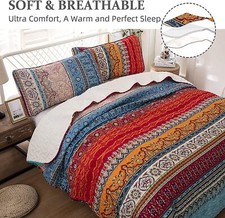 NEW COZY BOHO CHIC SOUTHWEST RED ORANGE TEAL AQUA BLUE BOHEMIAN QUILT SET