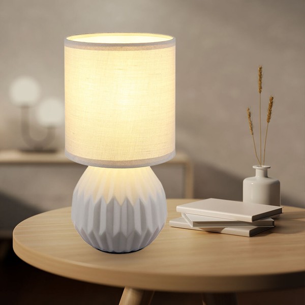 Tischlampe Tischleuchte Leselampe Keramik Textil Schlafzimmerlampe Grau H 23 Cm-image