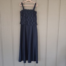 Alex Evenings Gown Size 16 In Navy Sequin Lace Satin Sleeveless Square Neck