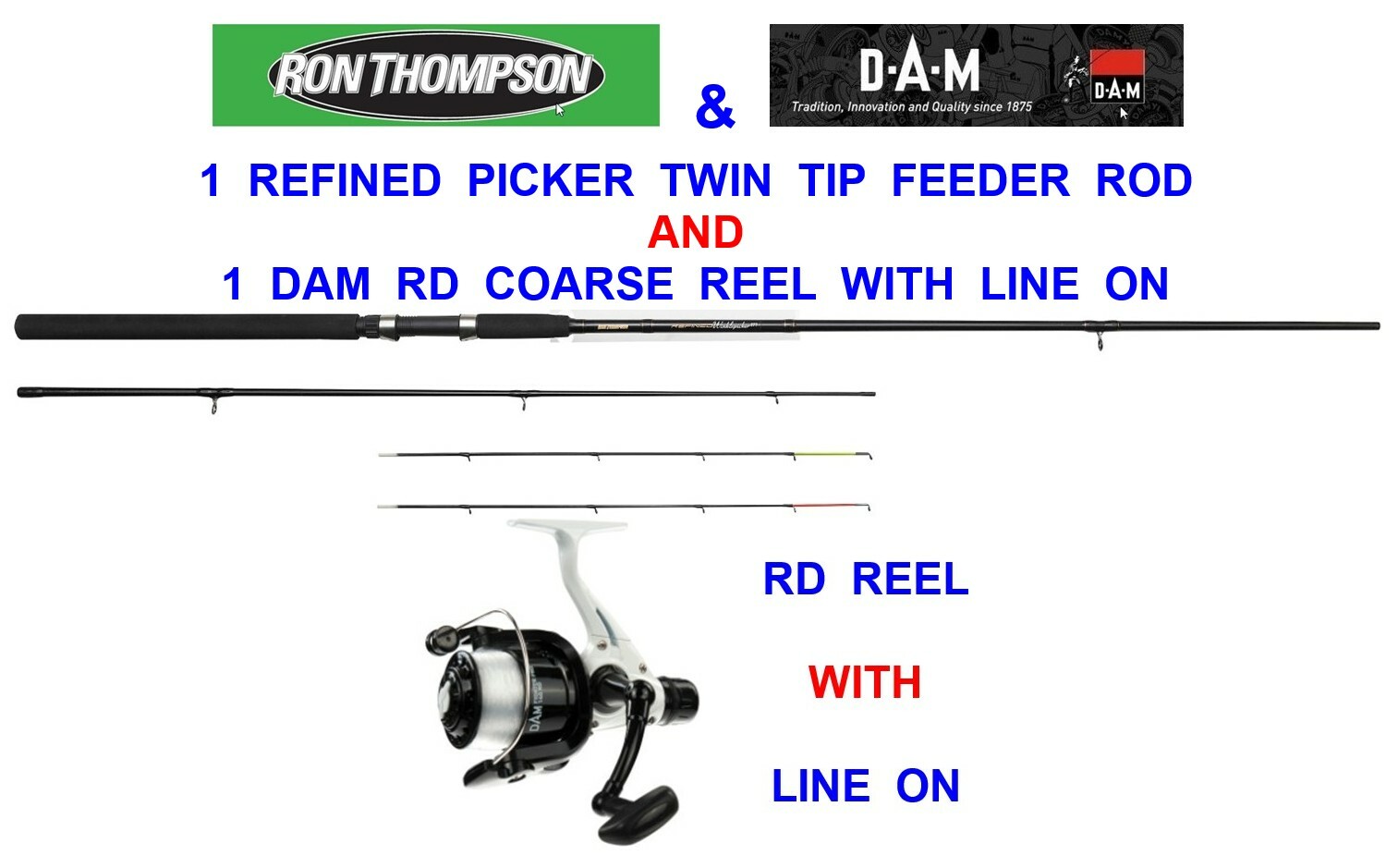 RON THOMPSON CARP PICKER 9ft TWIN TIP FEEDER ROD+DAM RD-40 REEL+WITH LINE ON