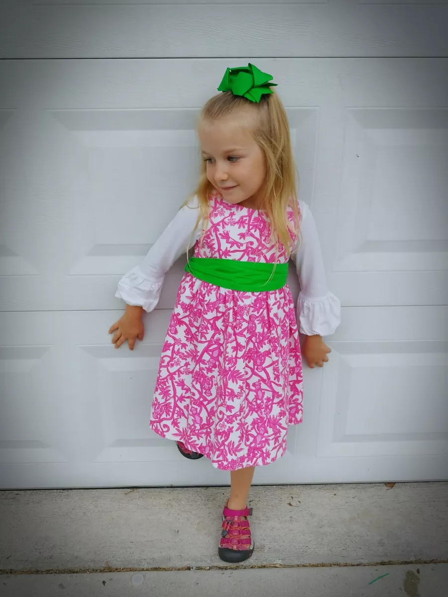 Lilly Pulitzer Pink Monkey Print Corduroy Dress Green Sash Size 3T | eBay