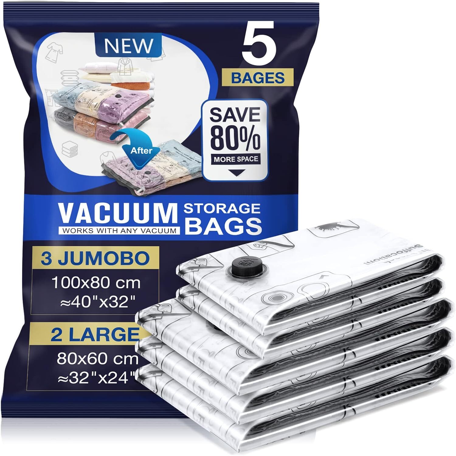 Sac Sous Vide Vêtement Aspirateur 3XL 100x80cm Lot de 5 Pièces Housse 80x60cm