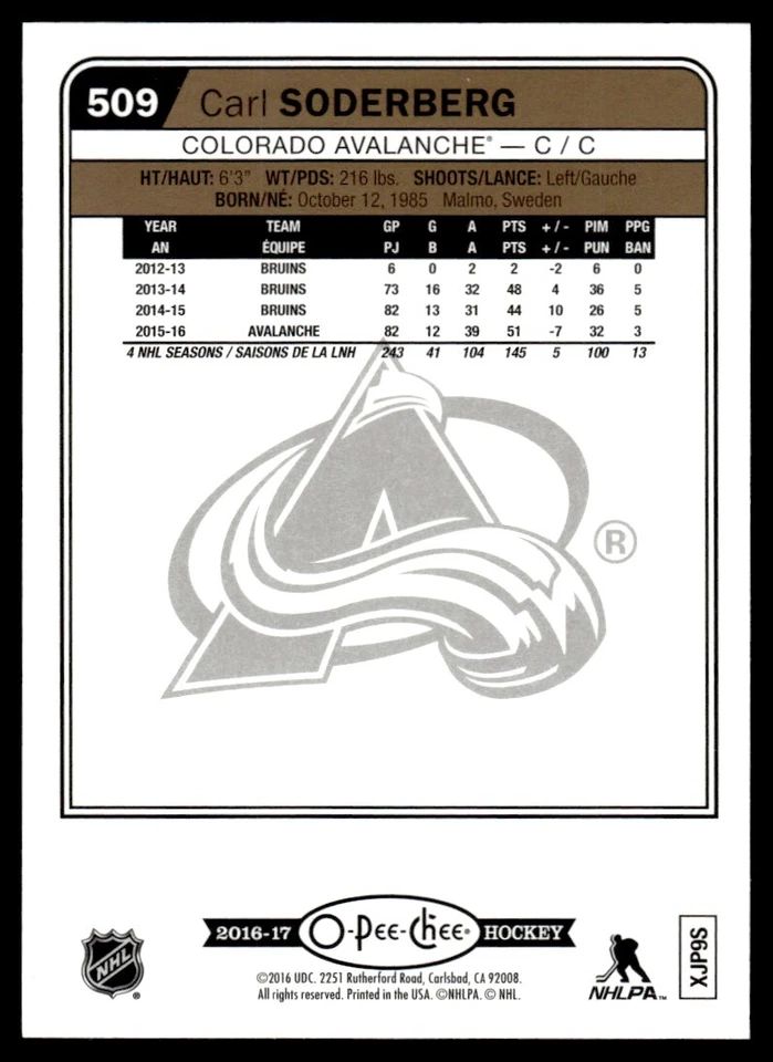 2016-17 O PEE CHEE FOIL Carl Soderberg Colorado Avalanche #509 - Image 2 of 2
