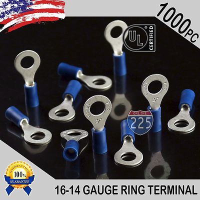 1000 PACK 16-14 Gauge 1/4'' Stud Insulated Vinyl Ring Terminals Tin Copper Core