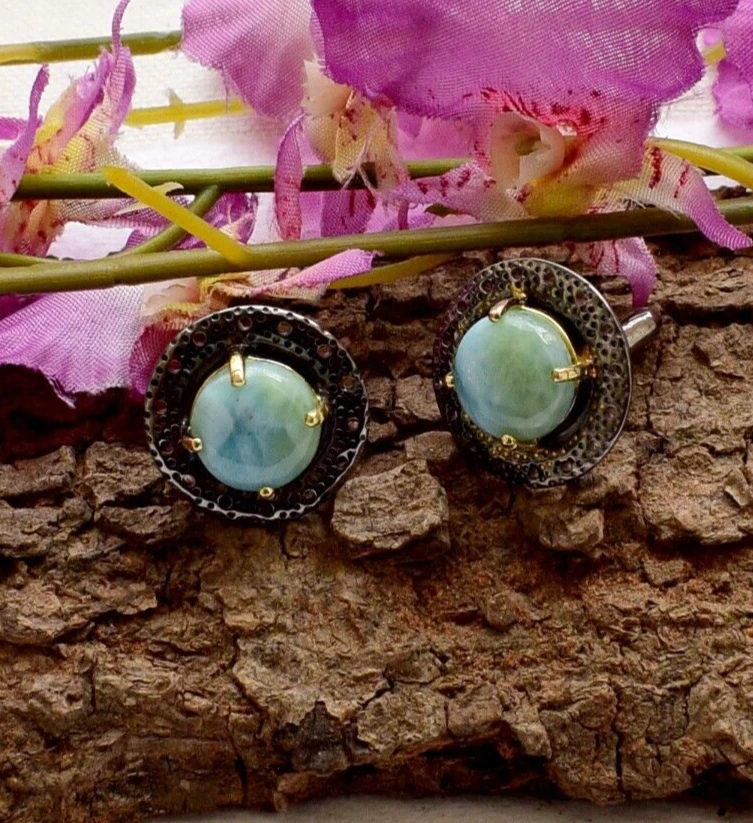 Gemelos dominicanos de piedras preciosas Larimar plata de ley 925 joyería de rodio negro Foto 2 de 4