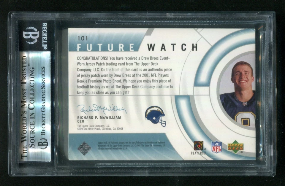 2001 SP Authentic Drew Brees Future Watch RC Patch 370/800 BGS 8.5 NM-MT+ - Image 2 of 2