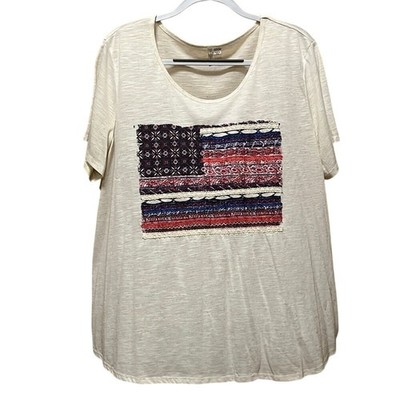 Est 1946 Womens Plus 22/24 American Flag Mixed Media Lace Slub Knit Top Cream