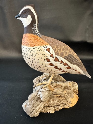 VTG. 2000 ORLYNN & MARY ELOMEN SIGNED HAND CARVED & PAINTED QUAIL BIRD CARVING - Afbeelding 5 van 9