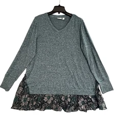 LOGO by Lori Goldstein Lace Trim V Neck Long Sleeve Pullover Sweater Top XL