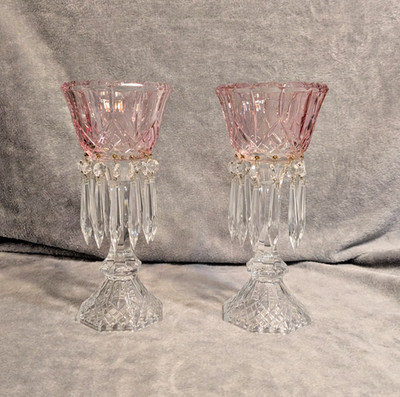Vintage Pink Glass Mantel Lusters Crystal Prisms 11'' Victorian Style Pair 24 Ct