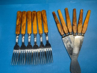 BEAUTIFULLY MARBLED BAKELITE FORKS & KNIVES PLEASE LOOK AT PICTURES FOR DETAILS—