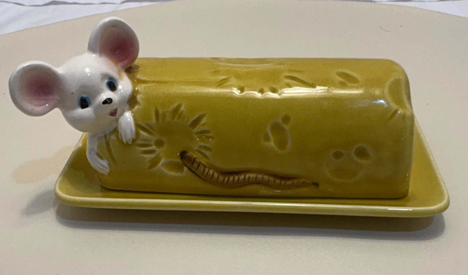 Yellow Ceramic Cheese / Butter Dish with Mouse Lid Decorative HTF Japan Vintage
