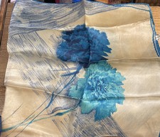 Vintage Turquoise Floral Design 26  Square Nylon Head Scarf Made In Japan