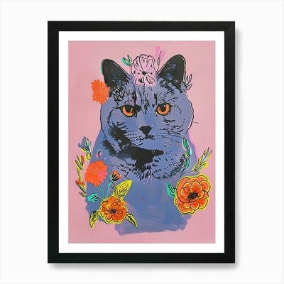 Niedliche Britisch Kurzhaar Katze mit Flo gerahmtes Wandbild Poster Leinwanddruck Bild