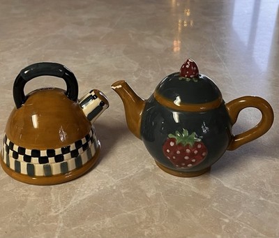 Vintage Sakura Strawberry Teapot Salt Pepper Shaker Set Ceramic Chipped
