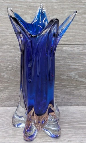 Vintage Murano Style Cobalt Blue Art Glass Vase Hand Blown Crimped Rim