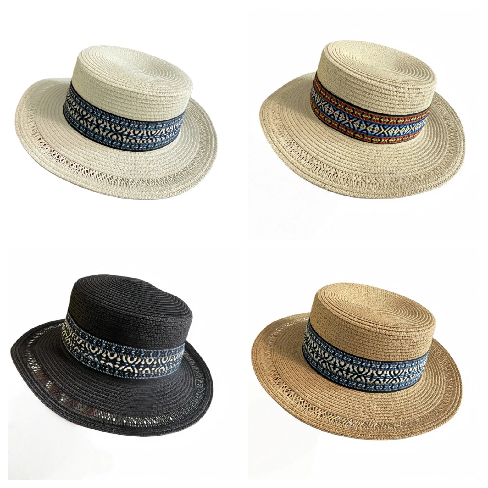 Women Bohemian Style Summer Straw Boater Hat Wide Brim Beach Sunhat Flat Top Cap