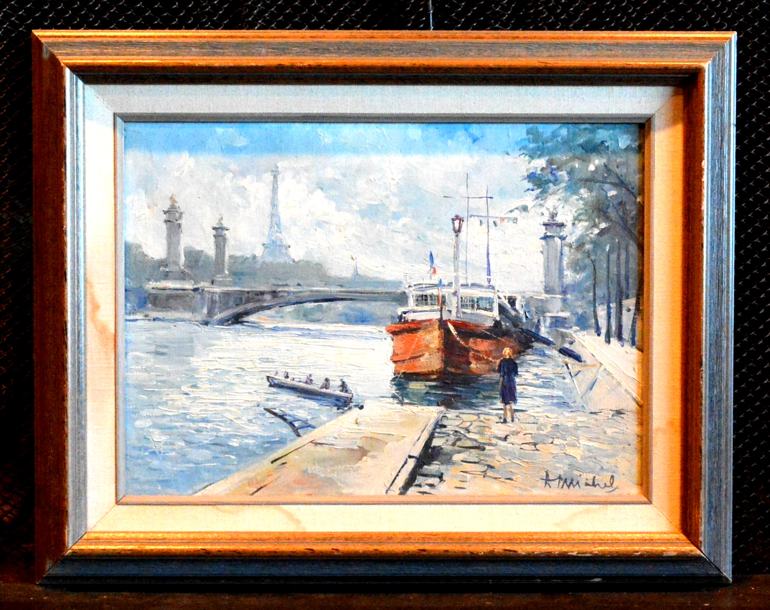 Vtg Painting Midcentury Paris - Boats on Seine- Pont Alexander Bridge - Eiffel