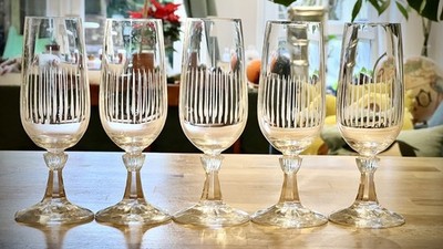 Vintage Champagner geätztes geschliffenes Glas Wein kurzer Stiel 