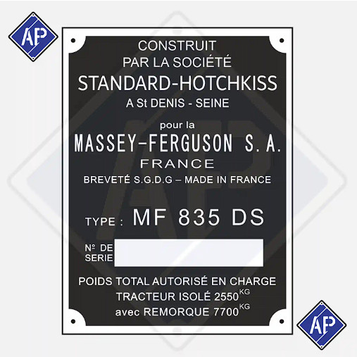 Plaque MF aluminium vierge Massey Ferguson 835 DS ID plate rivets - 3