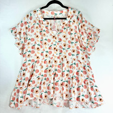 UMGEE Boho Embroidered Babydoll Tunic Top Peach Floral V Neck Blouse Rayon New L