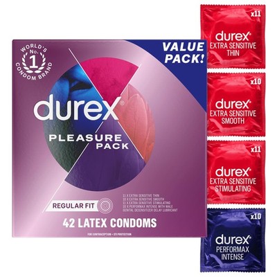 Durex Pleasure Pack Assorted Thin Condoms, 42 Count (Pack of 1), Blue 
