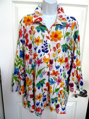 ALI MILES Sz Med 10/12 Ruffled Sleeves Colorful Floral Blouse Button-Up Textured