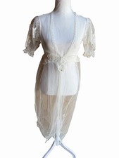 White Sheer Chiffon Peignoir Robe Lace Trim Bridal Wedding Lingerie M bust 34"