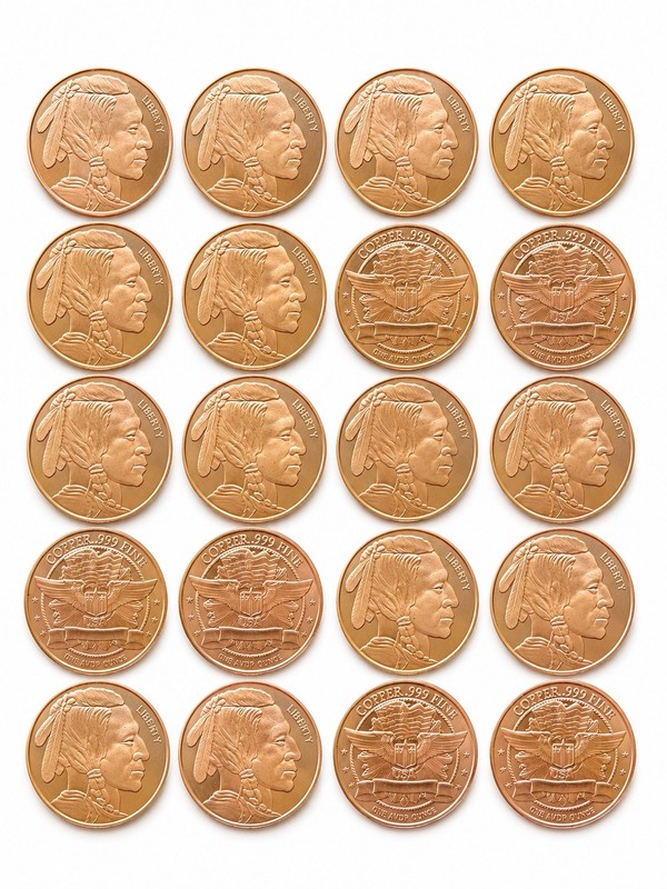 20 • 1 AVDP oz .999 Copper Rounds • Buffalo Nickel Design BU