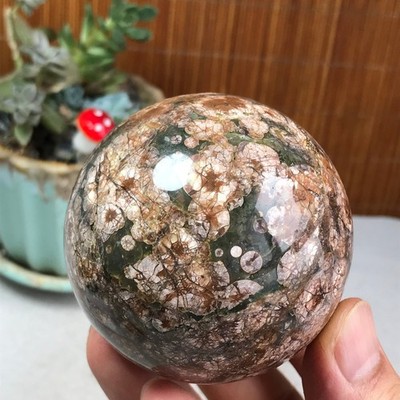 63mm Natural Green Plum Blossom Jade sphere ball Crystal specimens 328g A6241