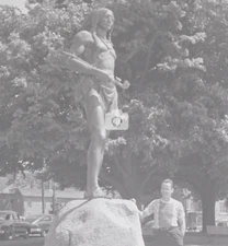 Man Standing Next To Massasoit Statue Plymouth MA 1940s/1950s *Original Negative