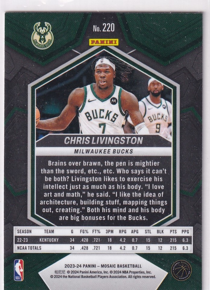 202324 Panini NBA Basketball Mosaic No. 220 Chris Livingston Rookie eBay