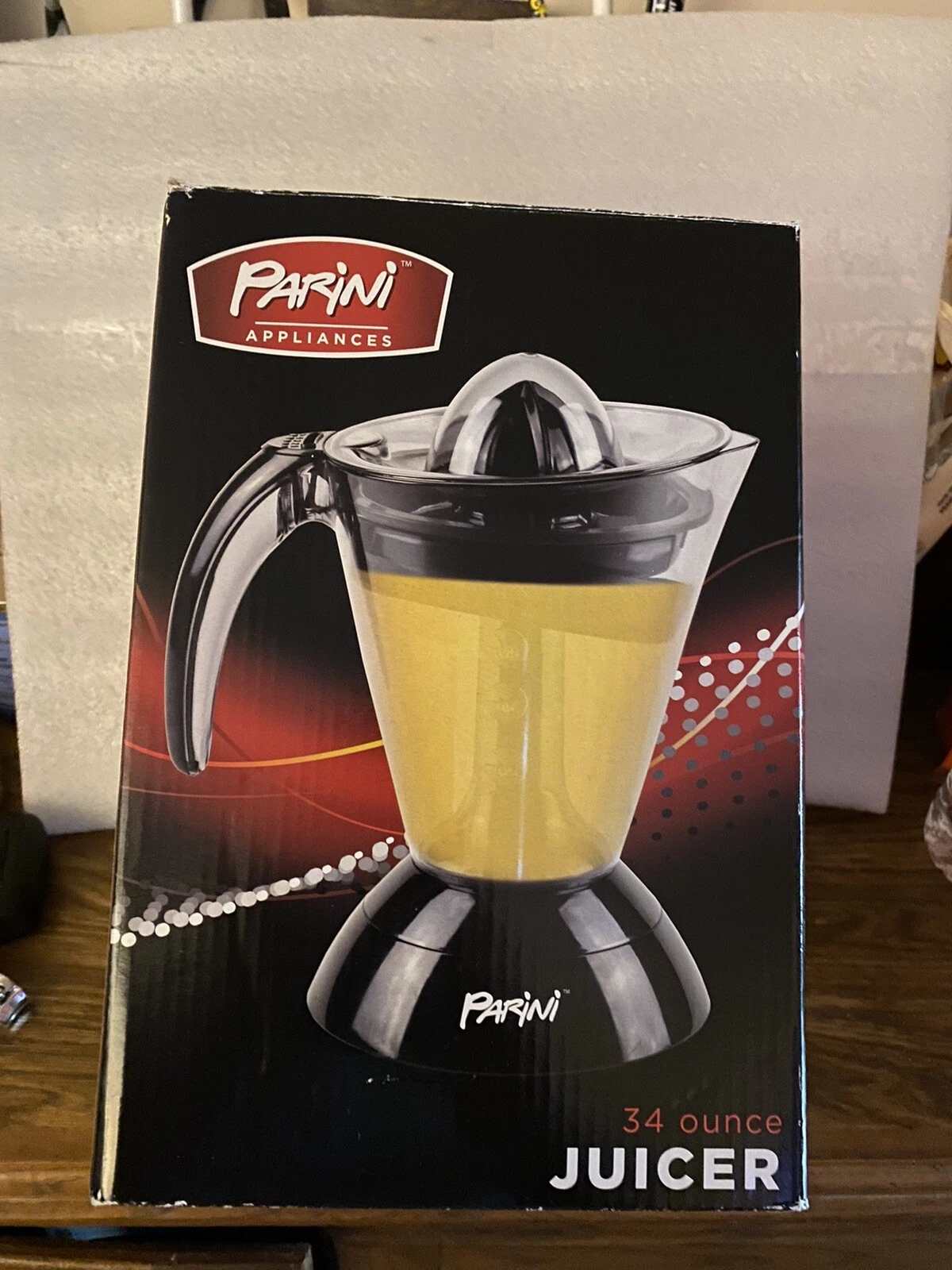 Parini Citrus Juicer 34 oz Electric Automatic Drive Two Cone Sizes Used In Box