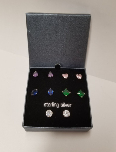 Five Pairs Sterling Silver Multi-Color Multi-Shape Stud Earrings