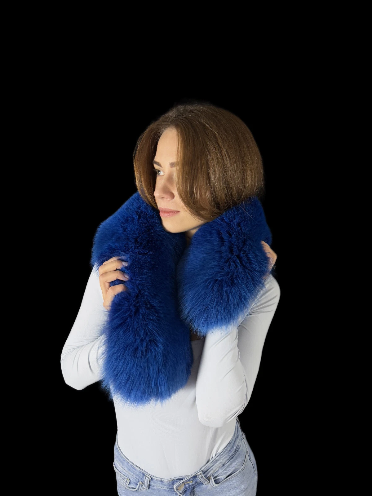 Fox Fur Collar 35" (90cm) Royal Blue Color Saga Furs Real Fur Big Scarf Stole