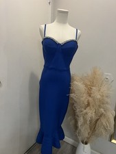 Women’s Blue Solid Bodycon Long Dress Sweetheart Spaghetti Straps Beaded L