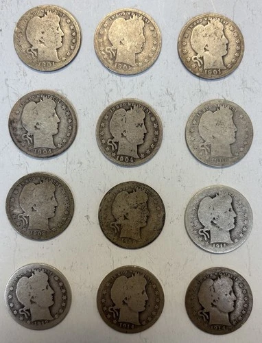Lot of (12) Barber Quarters, see desc. for years