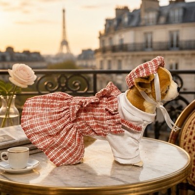 Dog Or Cat Sweet Dress With Ruffle, Matching Hat French Beret Red, White Gingham