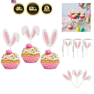24Pcs Glitter Bunny Ears Cupcake Toppers Easter Rabbit Theme Happy Birthday C...