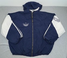 Vintage Adidas Jacket Mens Large Blue White Hooded Trefoil Windbreaker 90s