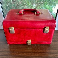 Vintage Red Travel Vanity Case with Mirror & Velvet Trays – 1950s Luggage Box