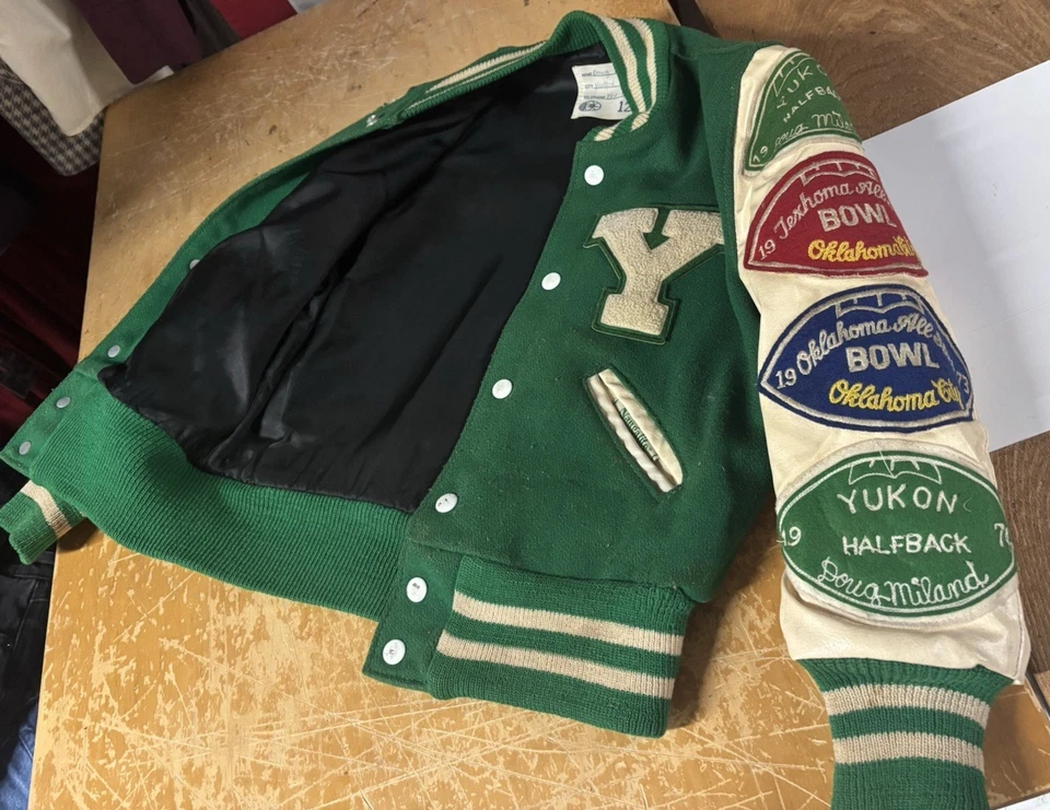 Vtg 70s Varsity Lettermans Jacket Green Y Youth Boys 12 (Women X-Small) Patches - Image 3 of 4