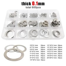 600pcs M3-M20 304 Thin Flat Washer Adjusting Shim Plain Gasket Kit Set 0.1mm