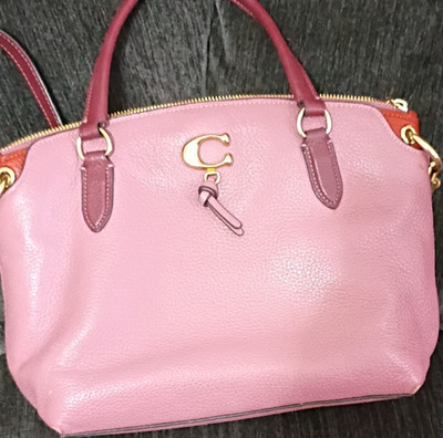 Coach Pink Pebbled Zip Satchel Top Handle Bag Gold Hardware Charm