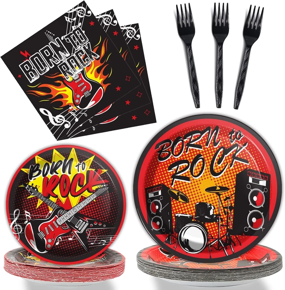 Juego de 96 piezas de suministros de fiesta de música rock para 24 - Vajilla y decoración vibrantes Foto 3 de 4